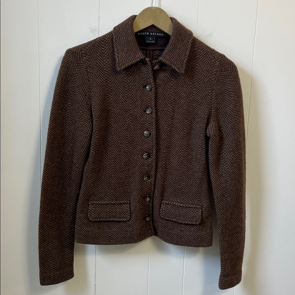 Ralph Lauren Black Label Cashmere Brown Herringbone Knit Jacket Equestrian S